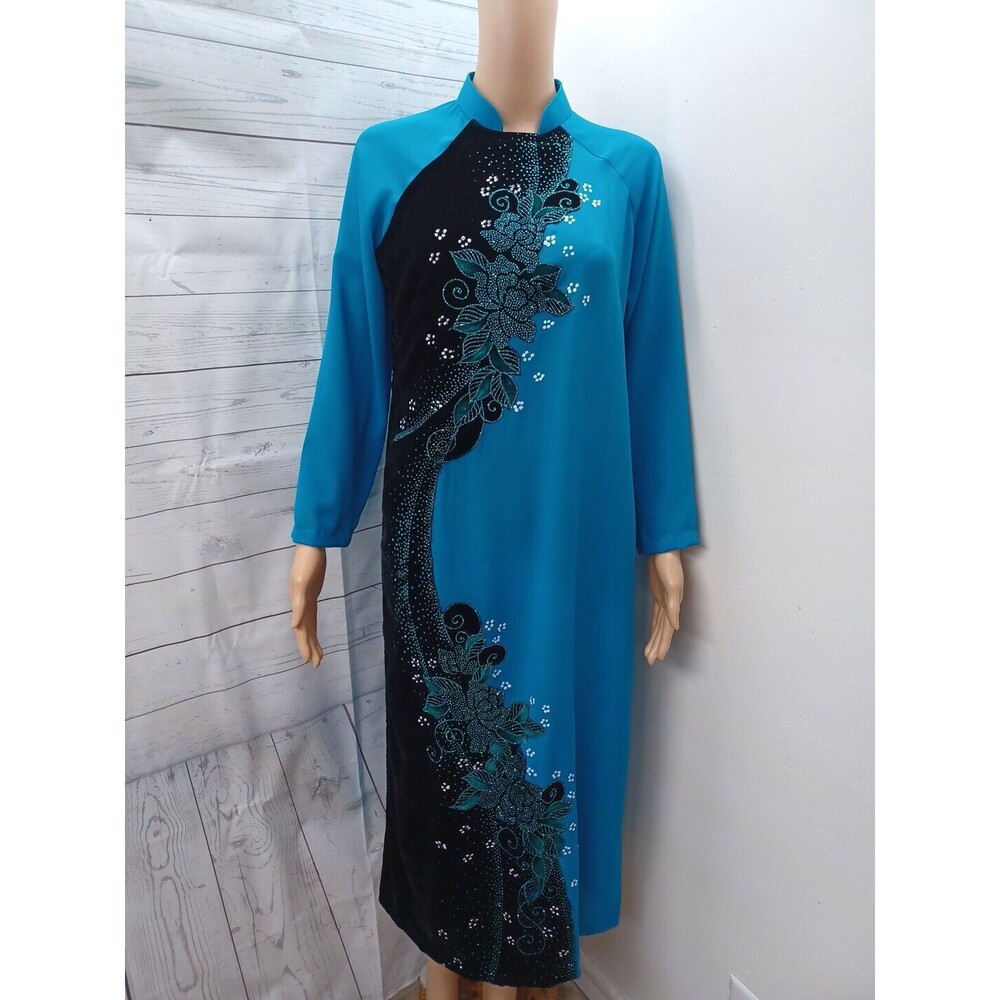 Vtg Velvet Chiffon Qipao Long Dress Chinese Vietnamese Cheongsam M Blue Slit